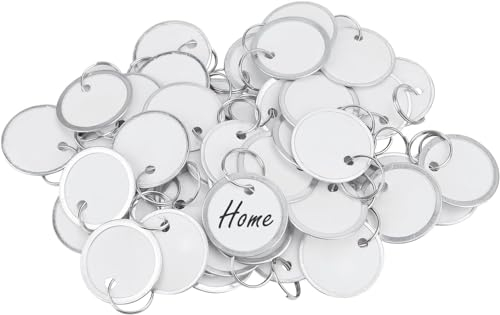 Uniclife 50 Stück Metal lKunststoff-Schlüsselanhänger Rim Key Tags 2,5 cm Weißes Papier Etiketten beschreibbar Runde Kunststoff-Schlüsselanhänger mit geteilten Ringen Leichtgewicht Item Identifiers