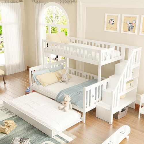 kubeier Hochbett 90x200/140x200cm mit Ausziehbett Etagenbett mit Ausziehfunktion, Etagenbett mit Treppe und Stauraum, Multifunktionales Kinderbett, Jugendbett, Doppelbett, weiß