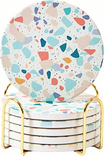 Terrazzo Untersetzer aus Keramik, saugfähig, niedlich, feuchtigkeitsabsorbierend, für Couchtisch, Schreibtisch, Bunte Stein-Untersetzer für Getränke, Pastellfarben, 6 Stück