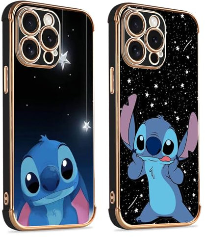 2 Stück Karikatur Stitch Handyhülle Kompatibel mit iPhone 12 Hülle 6,1,Cartoon Anime Kawaii Muster Galvanisierte Schutzhülle Weich TPU Stoßfest Dünn Case mit Kameraschutz Bumper Case,Schwarz,03