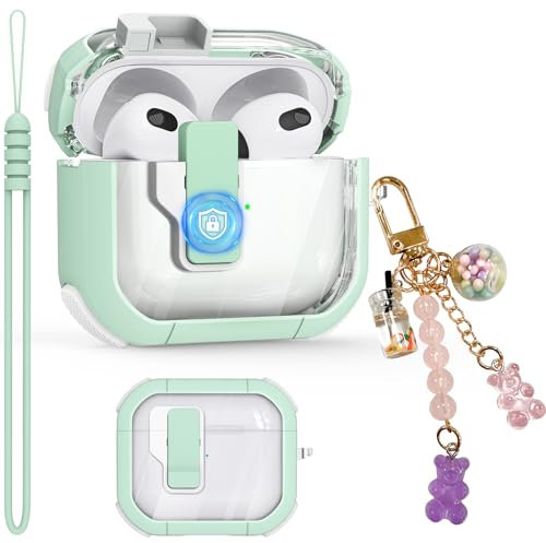 Funda transparente para AirPods 3 Gen 2021, funda de bloqueo seguro con interruptor automático a presión para Apple Airpod de 3ª generación con correa de muñeca de silicona, bonito colgante de