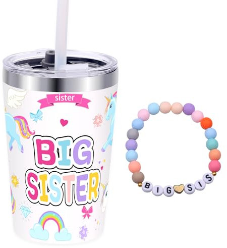 GOGOBAY Big Sister Gifts for Girls - 12 oz Big Sister Cup and Pink Sister Bracelet,Stainless Steel Mug Vacuum Insulated Tumbler and Straw,Gifts for Older Siblings of New Baby Christmas New Year Gift