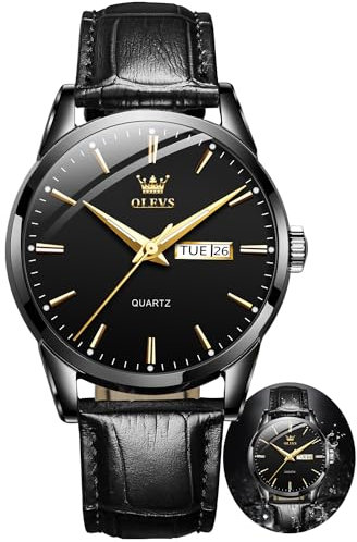 OLEVS Uhren für Herren, stilvoll, Business, Freizeit, analog, Quarzuhr, schwarz/braunes Lederband, leuchtend, wasserdicht, Kalender-Armbanduhr, Schwarz, Business Casual