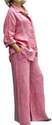 Spatofa Ensemble décontracté 2 pièces en lin pour femme - Pantalon en coton et lin avec chemise boutonnée - Tenue à manches longues, rose, Small