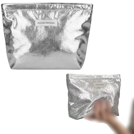 BSITSSS Funkelndes Silber Kosmetiktasche klein, Make up Bag Damen, Kosmetiktaschen Travel mit Reißverschluss, Multifunktional Kosmetik Tasche, Moden Schminktasche, Geschenke für Mädchen