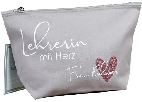 personalisiertes Geschenk - Lehrerin mit Herz und Namen | Kosmetiktasche aus Canvas-Baumwolle | Lehrerin Geschenkidee zum Abschied | Abschiedsgeschenk Grundschule | personalisierte Tasche
