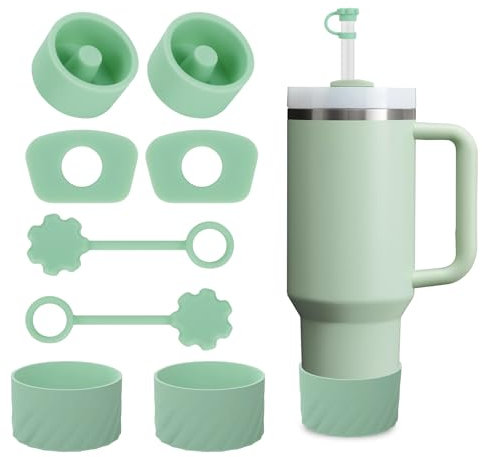 SALUOKE Cup Accessories 8 Pcs, Including 2 Straw Cover Cap, 2 Square Spill Stopper, 2 Round Leak Stopper, 2 Pcs Silicone Boot for Stanley Cup 2.0 40/30oz Tumbler, Cup Not Included (Mint Green)