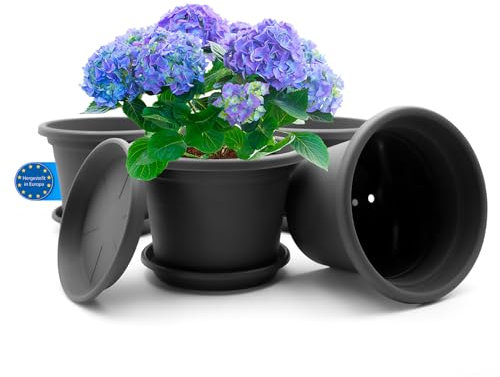 BigDean 4 Stück Blumentopf mit Untersetzer rund ø 30 cm Anthrazit – wetterfester Pflanzkübel Made in Europe