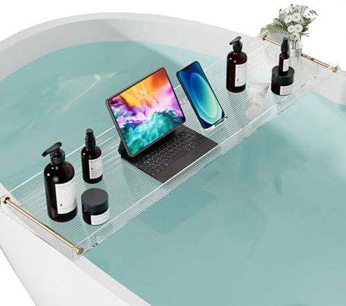 Badewannentablett, Badewannenregal, Badezimmerregal, erweiterbar über der Badewanne, Badewannentablett, transparentes, klares Acryltablett, Badewannenregal, mit goldenen Schienen, für Handtü