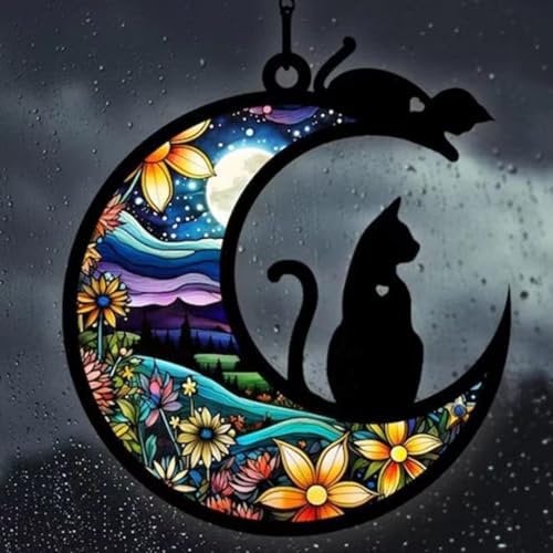 Cat Memorial Suncatcher,Cat Memorial Gifts for Loss of Cat Remembrance Gifts Stained Glass Window Hanging,Gifts for Cat Lovers, Christmas Halloween Cat Ornament Window Hangings