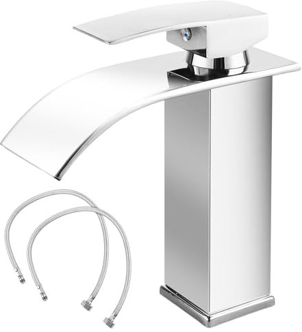Rubinetto per bagno in acciaio inox, miscelatore monocomando a cascata con tubo di collegamento da 60 cm, cromato