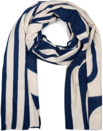 styleBREAKER Damen Schal mit geschwungenem Linienmuster - Weicher und stylischer langer Schal 01017162, Farbe:Creme-Dunkelblau