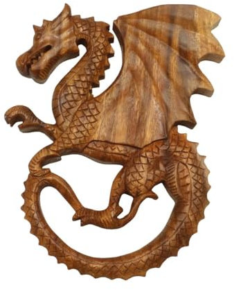 Oriental Galerie Drache Wandbild Relief Asien Deko Schnitzerei Dragon Figur Soar Holz ca. 30 cm