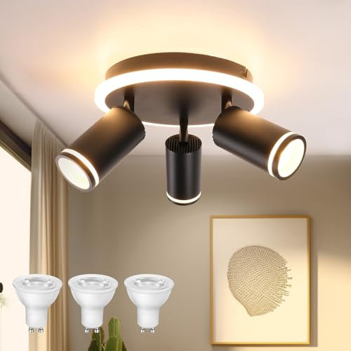 URing Deckenstrahler LED Schwarz Deckenstrahler 3 Flammig Schwenkbar 350° Rund Deckenleuchten mit unteres Glühen 8W+ 3x5W GU10 Spots, Spots Deckenleuchte Drehbar Deckenlampe für Küche, Schlafzimmer