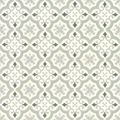 Sol Vinyle Textile économique - Effet Carreaux de Ciment arabesques - Vert et Gris - Rouleau de 2m x 4m