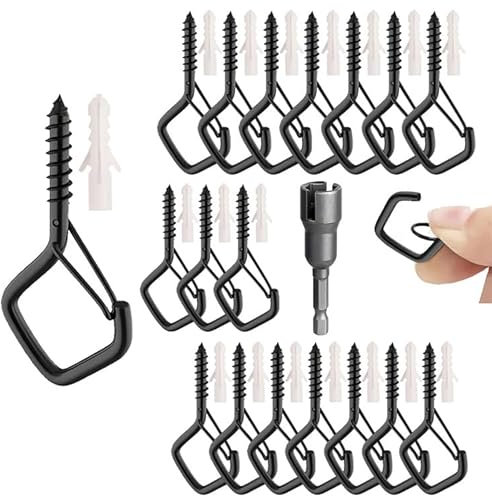 Wopanxye 20 Pack Screw-in Hooks with Safety Buckle, Black Metal Ceiling Garden Hangers for Hanging Plants, Cup, Flower Pot, Fairy Light, Birdcage, Decoration, Curtain, Wind Chimes, 1 Wing Nut Driver