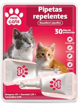 NEO CATS - Pipetas Repelente Anti-insectos para Gatos - Contra Pulgas, Garrapatas y Mosquitos - 30 días de Protección - Con Margosa, Geraniol y Lavandino - Olor Herbal - 2 unidades