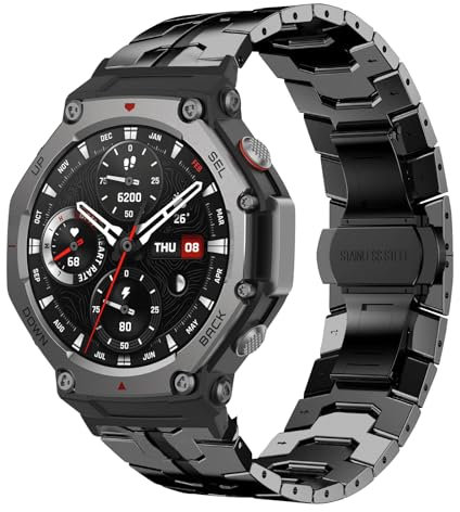 HinZann Metal Bracelet Compatible avec Amazfit T-Rex 3 Smartwatch, Métal Acier Inoxydable, Hommes Femmes Réglable Remplacement Bracelet pour Amazfit T-Rex 3 - Noir