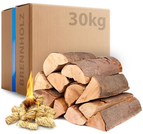 30 kg Brennholz Fichte, 30 cm kammergetrocknet, mit 15 Kaminanzündern, ideal für Kamin, Ofen, Feuerschale, Grill, umweltfreundlich, raucharm, nachhaltige Verpackung, sofort verwendbar