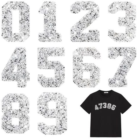 Heat Transfer Number, Rhinestone Iron On Patches 0-9 Glitter Number Stickers Fabric Washable Self-Adhesive Iron-on Numbers for Football Shirts Clothing Hats Shoes DIY Crafts Decoration