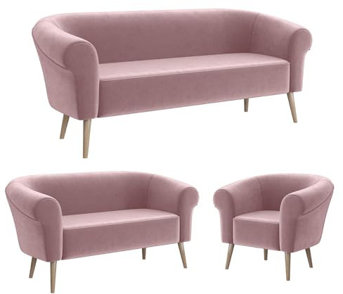 MEBLINI Mini Sofa Set 3-2-1 für Wohnzimmer - Mini Lounge für sechs Personen - Küchensofa - Sofa Klein - Sitzgarnitur - Polstergarnitur - Sofagarnituren - Emilia - 3+2+1 - Rosa Samt