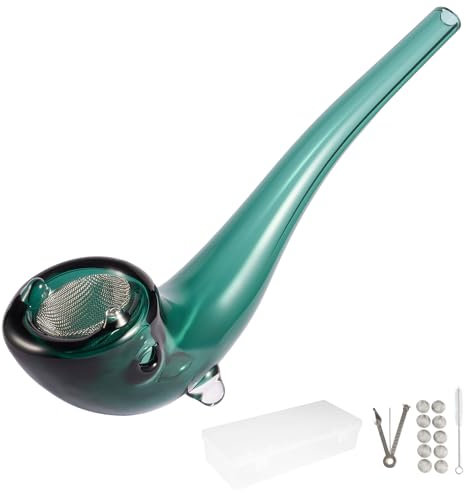 Handgefertigte Glaspfeife - langlebiges Borosilikatglas, gebogenes langes Mundstück, sicherer Filterhalter, inklusive 10 Filter, 3-in-1 Pfeifenwerkzeug, Reinigungsbürste & Aufbewahrungsbox (Grün)