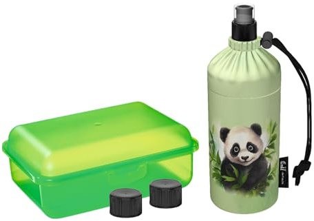 Emil Trinkflasche aus Glas inkl. Brotbox & Ersatzverschlüsse – Starterset zur Einschulung - BPA-frei & schadstofffrei, isolierend – Ziehverschluss für Wasser, Saft & Milch – Panda