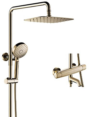 Système de douche en or brossé, ensemble de robinets de douche thermostatiques à trois fonctions avec pomme de douche à effet pluie de 8 po et pomme de douche à main à 3 réglages, robinet mitigeur de