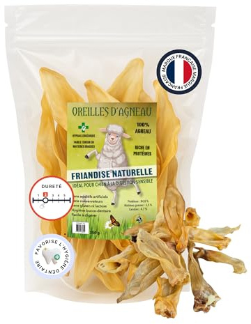 Oreilles d’Agneau Naturelles pour Chien – friandises hypoallergéniques 100% Agneau – Faibles en matières Grasses, Riches en protéines – Soutien Dentaire – faciles à digérer - 250g - France Croquettes