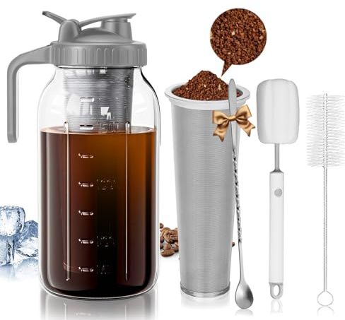 Cafultgo Cafetière à infusion froide de 1,8 l avec filtre, pichet en verre épais, couvercle étanche et brosse sans BPA – Passe au lave-vaisselle pour café glacé, thé et infusion à faible acide (1,9 l
