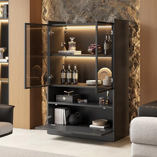 Easexcy Moderne Vitrine Schwarz Matt Höhe 120cm, Glasvitrine Standvitrine mit Beleuchtung, Wohnzimmerschrank mit Glastüren und Klapptür, Spanplatte