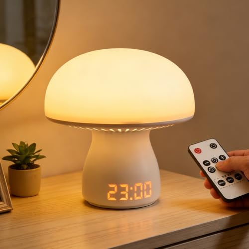 Pilzlampe LED Tischlampe Kabellos,Nachttischlampe Touch Dimmbar mit Uhranzeige und Timing Funktion,3600mAh Touch Dimmbare Akku Tischlampe für Schlafzimmer,Wohnzimmer,Camping