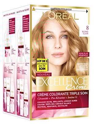 L'Oréal Paris - Excellence Crème - Coloration Permanente Triple Soin 100% Couverture Cheveux Blancs - Nuance 8 Blond Clair - Lot de 2