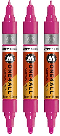 Molotow One4All Acrylic Twin Marker (Strichstärke 1,5 mm und 4 mm, hochdeckend und permanent) 3 Stück Farbe 217 neon pink floureszierend