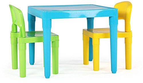 Humble Crew Kids Plastic Table and Chair Set, Toddler Activity Table with 2 Chairs, Lightweight Easy-Clean Kids Desk for Play, Snacks & Crafts, Indoor Outdoor Playroom Furniture, Aqua/Green/Yellow