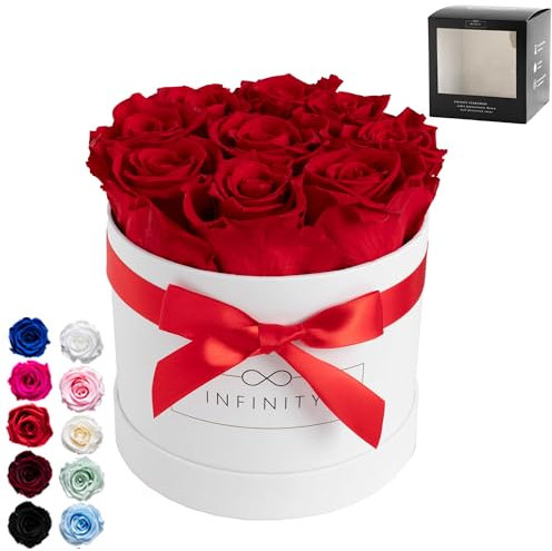 Infinity Flowerbox - 9 echte Infinity Rosen (3 Jahre haltbar ohne Wasser) - Mit Geschenkverpackung geliefert I Handgefertigt in Berlin I Geschenk für Frauen (Rote Rosen in schwarzer Box)