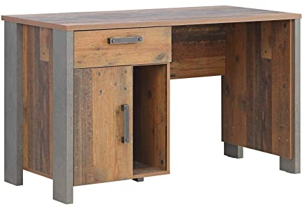 FORTE Clif Schreibtisch mit 1 Tür und 1 Schublade, Holzwerkstoff, Old Wood Vintage/Betonoptik Grau, 126.5 x 73.5 x 60 cm