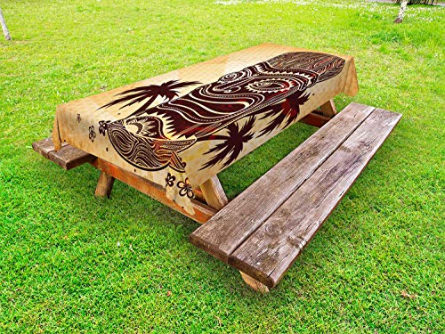 ABAKUHAUS Stammes Outdoor-Tischdecke, Traditionelle Tiki Maske Totem, dekorative waschbare Picknick-Tischdecke, 145 x 265 cm, Braun Sand