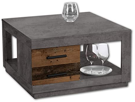 Stella Trading FULDA Couchtisch mit zwei Schubladen in Old Wood Optik, Betonoxid - geräumiger Sofatisch mit Ablage für Ihren Wohnbereich - 80 x 46 x 80 cm (B/H/T)