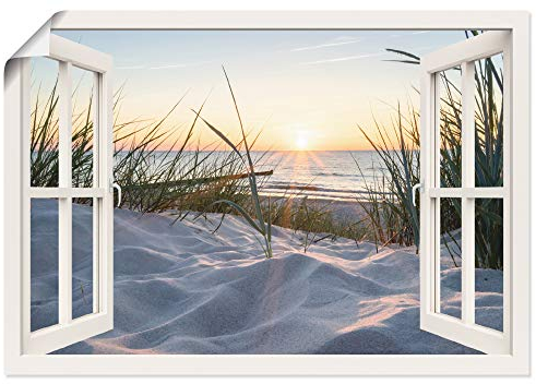 ARTLAND Wanddeko Poster & Kunstdrucke Wandposter Fensterblick Strand Meer Sand Ostsee Dünen Sonnenuntergang U1TZ