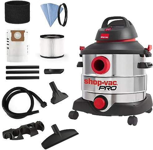 Shop-Vac Aspiradora húmeda y seca de 8 galones de 6.0 picos, tanque de acero inoxidable, aspiradora portátil con accesorios multifuncionales para lugar de trabajo, cochera y taller. 5989400
