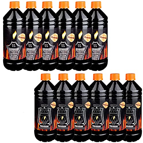 Lampenoel Lampenöl Petroleum Set 6 - 48 Liter Petroleumheizung Petroleumofen Lampe Kamin Kerosin Reiniger Fackel Laterne Öllampe Gartenfackeln Auswahl Flameup, Menge:12 L