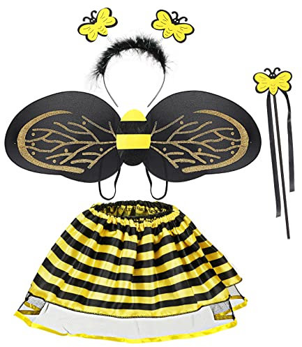 Hifot Déguisement Abeille pour Fille 4 pièces, Costume de Abeille Ailes Tutu Jupe Baguette Serre-tête avec Abeille,Deguisement Princesse Enfant pour Carnaval Cosplay