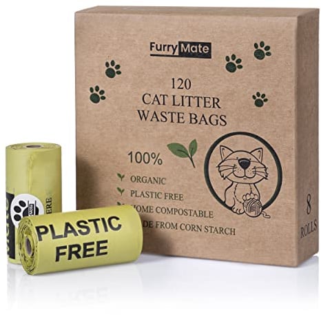 Furry Mate Biodegradable Cat Poop Bags | 120 Cat Litter Scoop Corn Starch Bags | Home Compostable 100% Plastic Free Cat Waste Disposal Bag Large Small Cat | Strong Thick Unscented Dog Eco Rolls