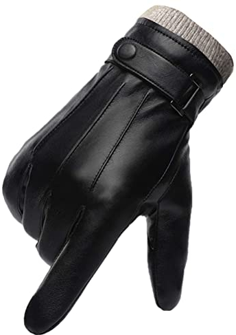 Winter Handschuhe Herren Leder Warm Dick Vlies Winddicht Kälteschutz Thermal Fäustlinge Anti-Rutsch Berührungssensitiver Bildschirm für Outdoor Fahren Camping PU Leder (11)