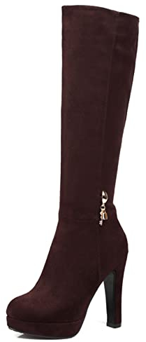 Bviennic Donna Eleganti Plateau Tacco Alto Warm Vestito Stivali Alti Serata Punta Rotonda Moda Tacco A Blocco Stivali Equitazione Marrone Numero 38 EU-39Cn