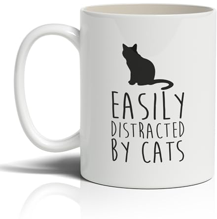Punkcards - Funny Coffee Mugs - ‘Easily Distracted by Cats' - Novelty Xmas Mug - Secret Santa Gift - Festive Christmas Cat - Birthday Gift - Microwave Safe - 11oz Ceramic Cup