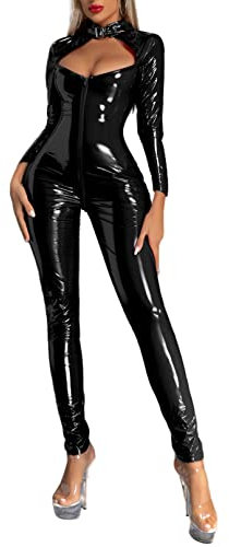 iiniim Womens One Piece Long Sleeve Full Body Jumpsuit Wet Look Leather Zipper Bodysuit Catsuit Black XL