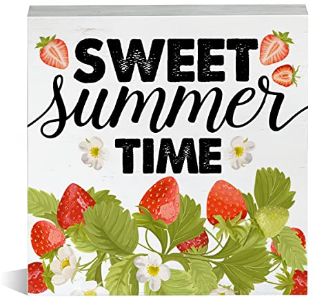 Sweet Summer Time Erdbeere Holzkiste Schild Holzblock Tischschild Dekoratives Schreibtischschild Heimregal Dekor 12,7 x 12,7 cm