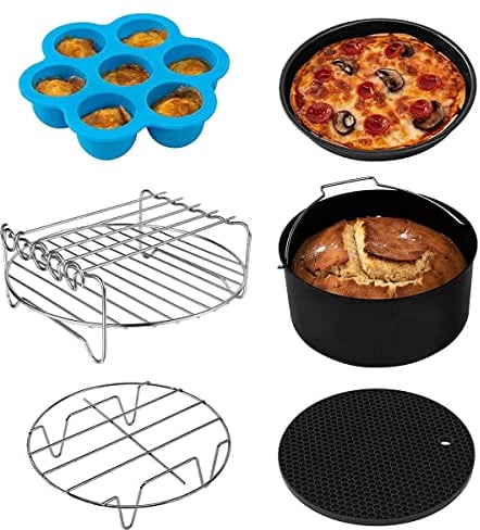 CROIRE 6 piezas de accesorios para freidora doble, estante deshidratador multicapa con 4 palos de barbacoa, accesorios para freidora, kit de moldes para tartas de 8 pulgadas